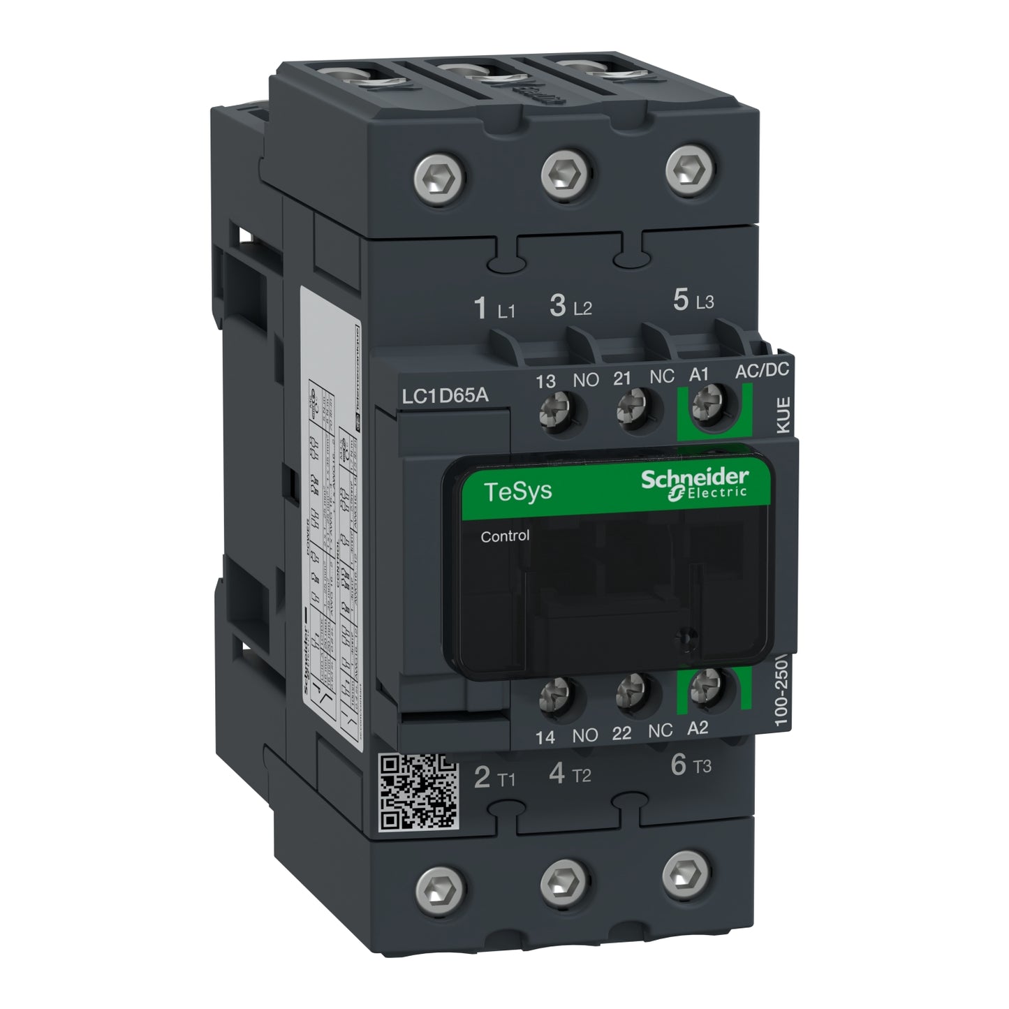 Contactor Tripolar TeSys D Green - 25HP(220V)/50HP(440V) - 65A(AC3) - 1NA+1NC - Bobina 100-250VAC/DC - LC1D65AKUE - SCHNEIDER