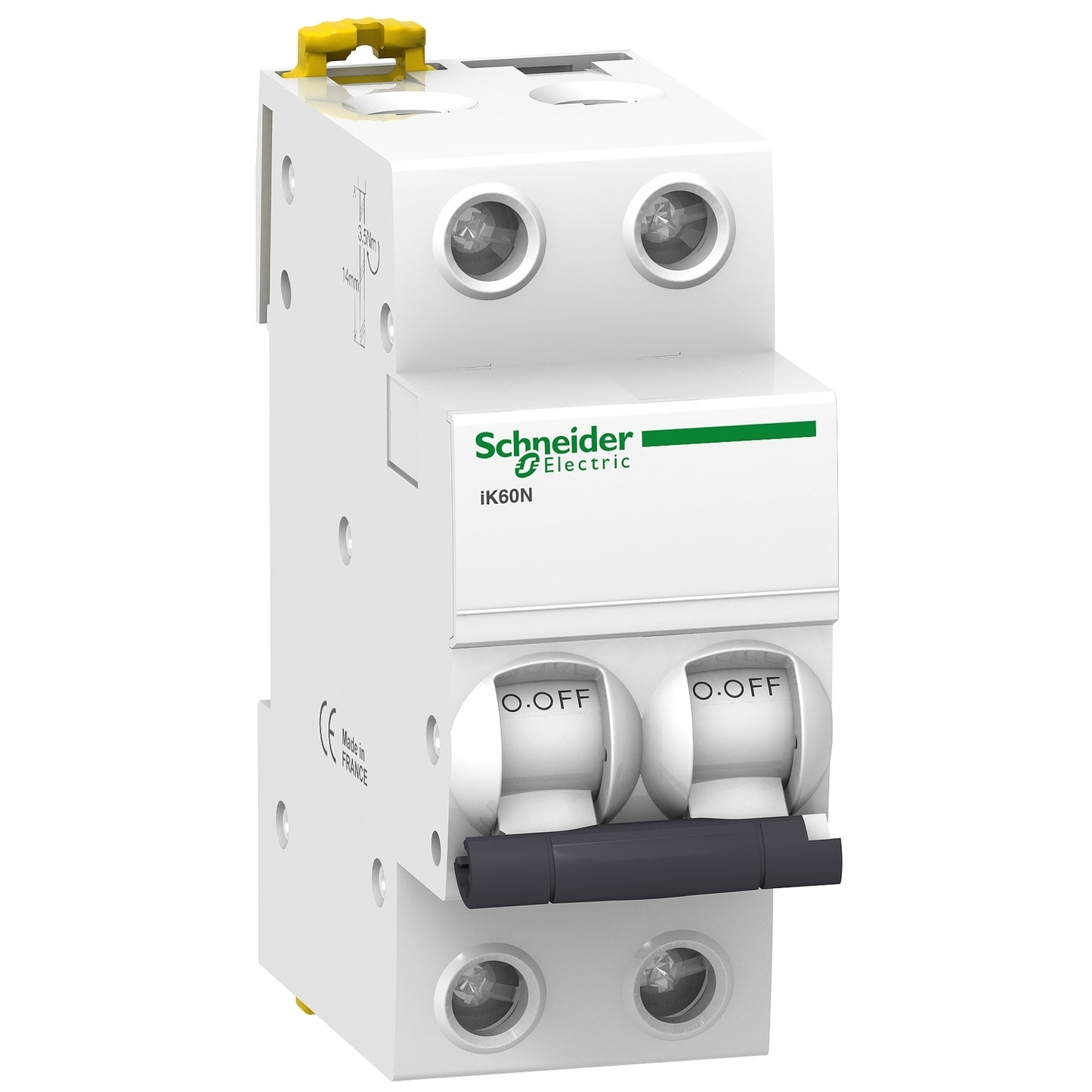 Interruptor termomagnético bipolar iK60N de la marca Schneider Electric con corriente nominal de diez amperios y curva C. El código de referencia es A9K24210.