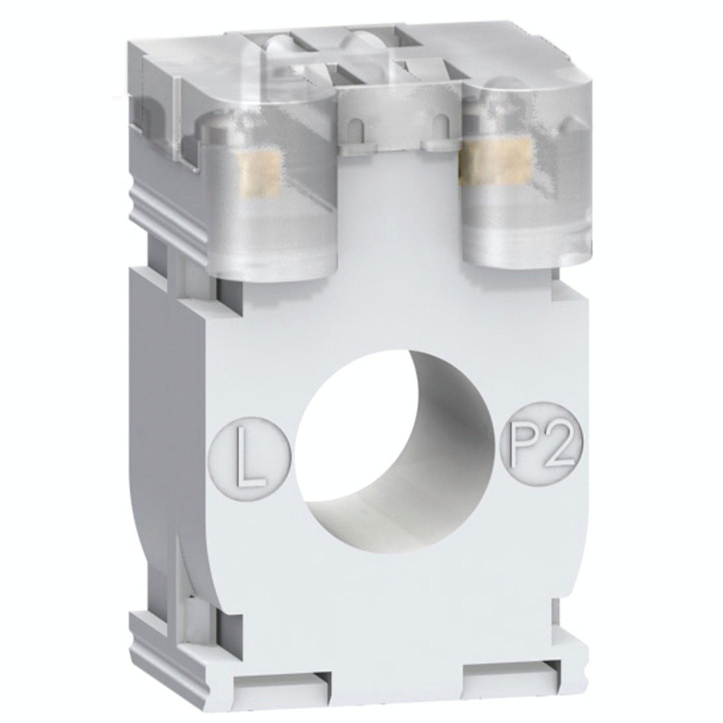 Transformador de Corriente 200A y Corriente Secundario 5A, con Forma Interna Tipo CC para Diámetro del Cable ⌀21mm de Marca Schneider de Linea Powerlogic (METSECT5CC020) de Dimensiones externas 44x65x30mm.
