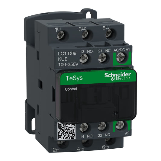 Contactor Tripolar TeSys D Green - 3HP(220V)/5.5HP(440V) - 9A(AC3) - 1NA+1NC - Bobina 100-250VAC/DC - LC1D09KUE - SCHNEIDER