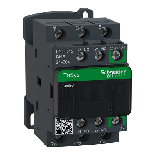 Contactor Tripolar TeSys D Green - 4HP(220V)/7.5HP(440V) - 12A(AC3) - 1NA + 1NC - Bobina 24-60VAC/DC - LC1D12BNE - SCHNEIDER
