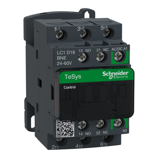 Contactor Tripolar TeSys D Green - 5.5HP(220V)/12HP(440V) - 18A(AC3) - 1NA+1NC - Bobina 24-60VAC/DC - LC1D18BNE - SCHNEIDER