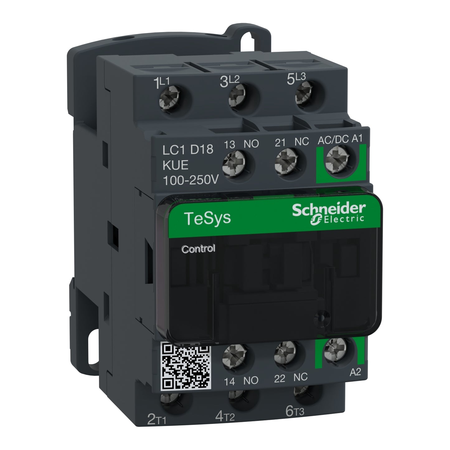 Contactor Tripolar TeSys D Green - 5.5HP(220V)/12HP(440V) - 18A(AC3) - 1NA+1NC - Bobina 100-250VAC/DC - LC1D18KUE - SCHNEIDER