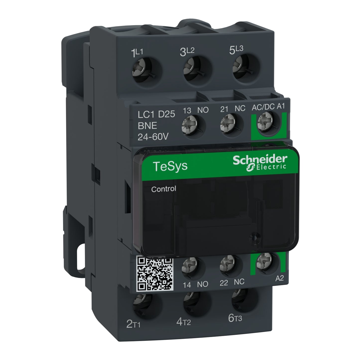 Contactor Tripolar TeSys D Green - 7.5HP(220V)/15HP(440V) - 25A(AC3) - 1NA+1NC - Bobina 24-60VAC/DC - LC1D25BNE - SCHNEIDER