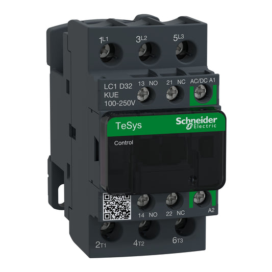 Contactor Tripolar TeSys D Green - 10HP(220V)/20HP(440V) - 32A(AC3) - 1NA+1NC - Bobina 100-250VAC/DC - LC1D32KUE - SCHNEIDER