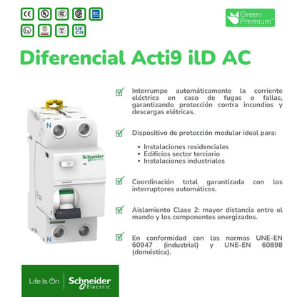 ilD Acti9 - Tipo AC - 2P - 63A - 30mA - Instantáneo - A9R71263 - SCHNEIDER