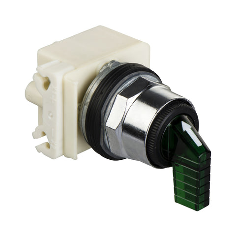 Selector Luminoso Verde Con Manija Larga de 2 Posiciones Fijas de Marca Schneider Electric de Serie Harmony 9001K (9001K11J38LGFGH5) con ø30m de Montaje, Contacto 1NANC.
