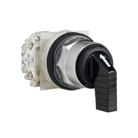 Selector Negro con Maneta Larga de 3 Posiciones Con Retorno Al Centro de Marca Schneider Electric de Serie Harmony 9001K (9001KS53FBH13) con ø30m de Montaje, Contacto 1NANC.