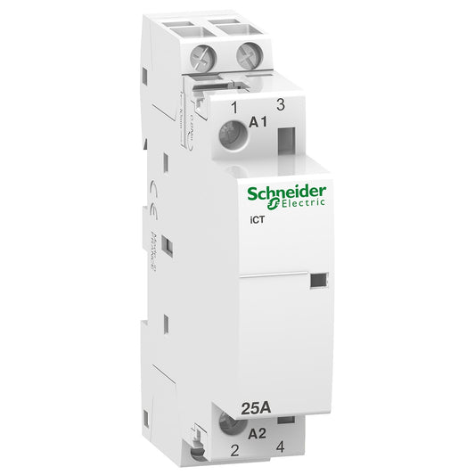 Contactor Bipolar de Marca Schneider Electric de Línea Acti 9 - iCT - (A9C20632) con Corriente Asignada de Empleo 25A, Composición  de los Contactos 2NA  y Tensión del Circuito de Control 230-240VAC. Compra en FCM.