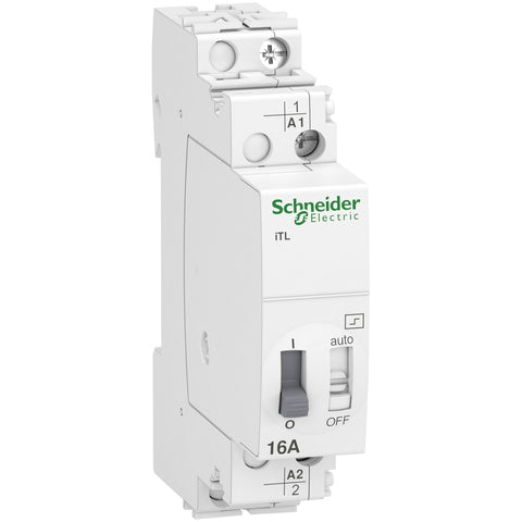Telerruptor Unipolar de Marca Schneider de Linea Acti 9 iTL (A9C30811) con Corriente 16A y Bobina 110VDC - 220/240VAC. Compra en FCM.