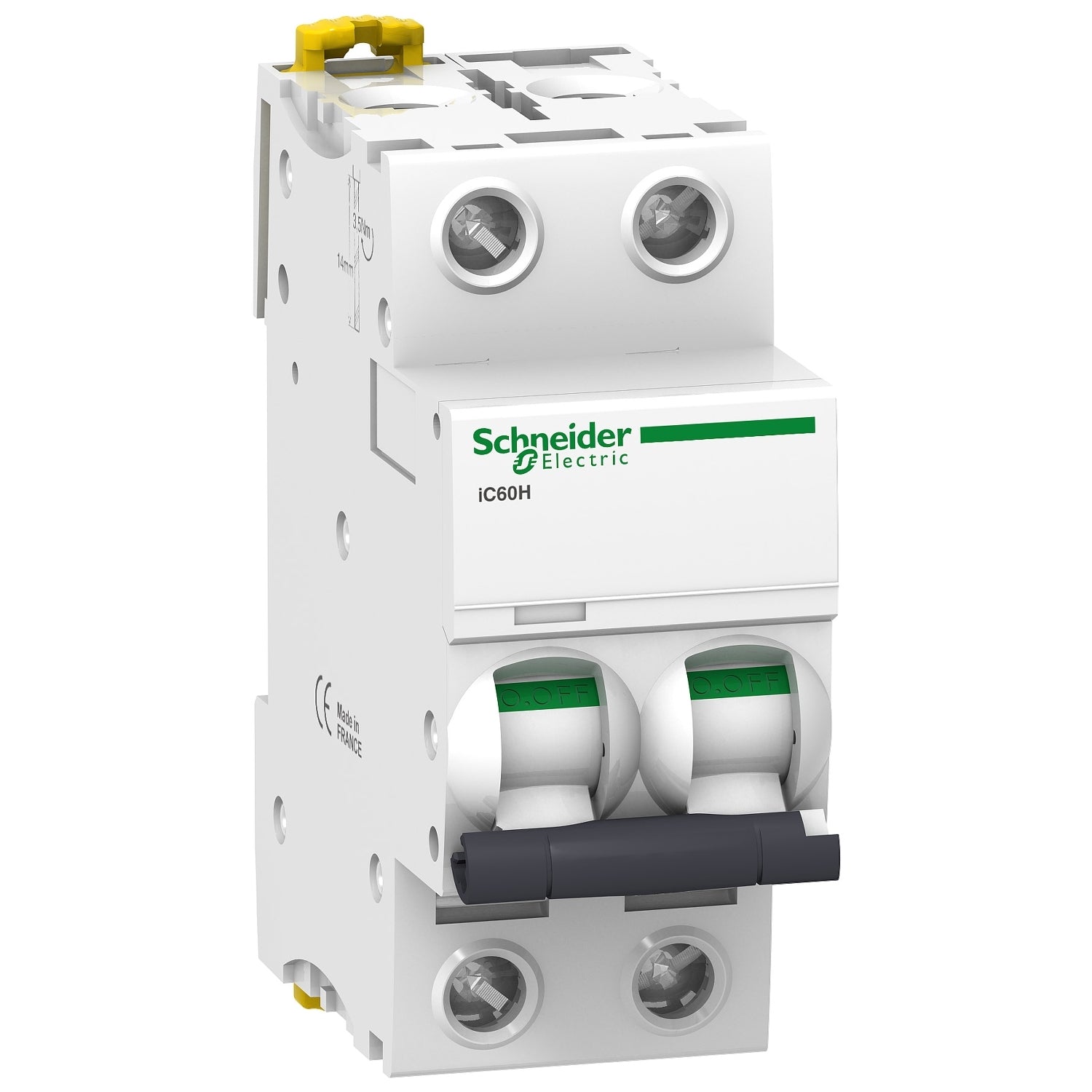 Interruptor termomagnético bipolar iC60H de la marca Schneider Electric con corriente nominal de treinta y dos amperios y curva C. El código de referencia es A9F84232.