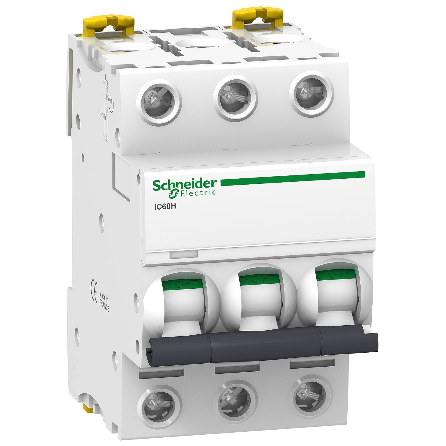 Interruptor termomagnético tripolar iC60H de la marca Schneider Electric con corriente nominal de veinticinco amperios y curva C. El código de referencia es A9F84325.