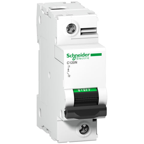 Interruptor termomagnético unipolar C120N de la marca Schneider Electric con corriente nominal de cien amperios y curva C. El código de referencia es A9N18358.