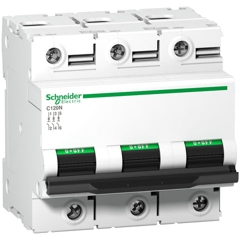 Interruptor termomagnético tripolar C120N de la marca Schneider Electric con corriente nominal de cien amperios y curva C. El código de referencia es A9N18367.