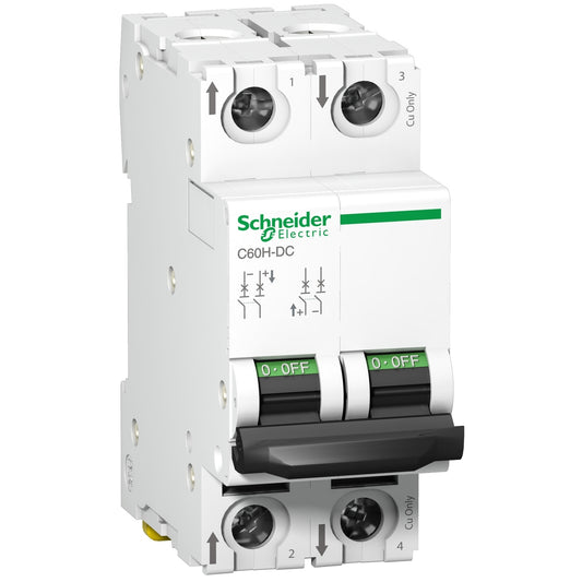 Interruptor termomagnético bipolar C60H-DC de la marca Schneider Electric con corriente nominal de cuatro amperios y poder de ruptura veinte kiloamperios en doscientos veinte VDC. El código de referencia es A9N61524.