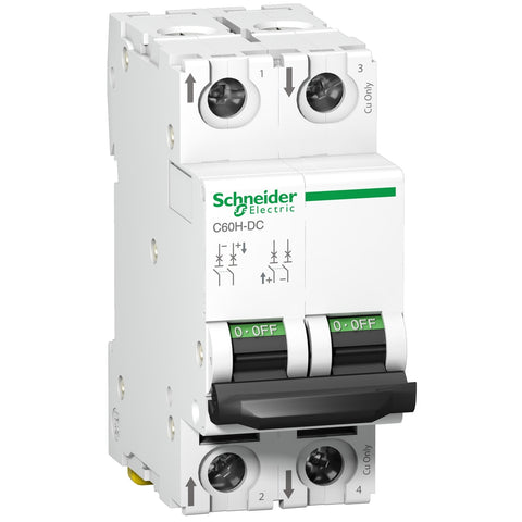 Interruptor termomagnético bipolar C60H-DC de la marca Schneider Electric con corriente nominal de veinte amperios y poder de ruptura veinte kiloamperios en doscientos veinte VDC. El código de referencia es A9N61528.