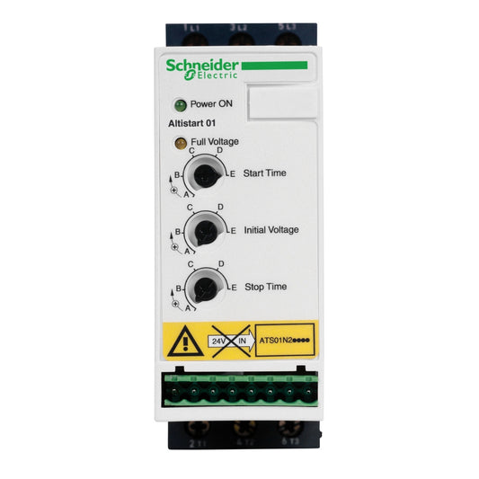 Arrancador Suave de Potencia Nominal 2HP, Corriente Nominal 9A y Alimentación Trifásica 220-240V de Marca Schneider Electric de Linea Altistart 01 (ATS01N209LU) con Dimensiones 124x45x131mm.