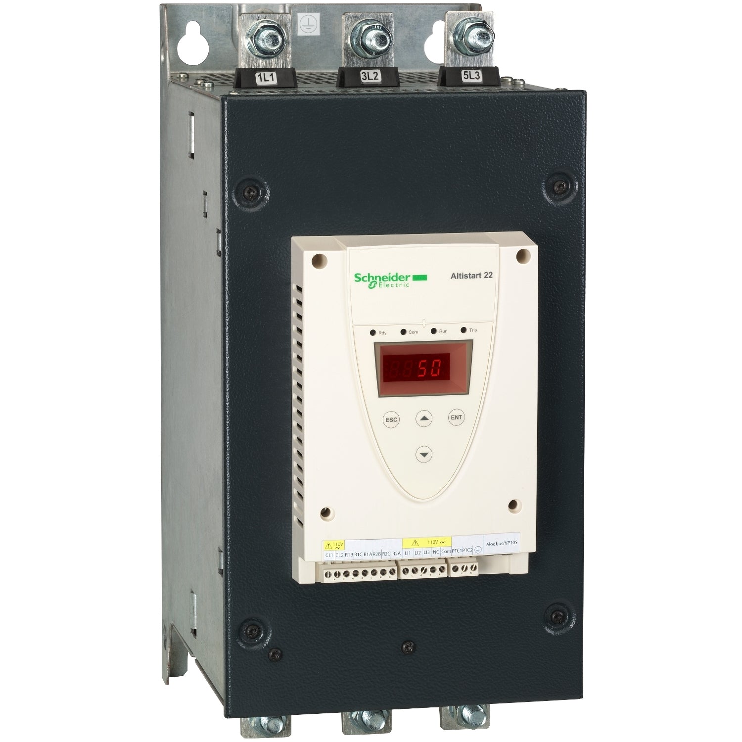 Arrancador Suave de Potencia Nominal 150HP(220VAC)/300HP(440VAC), Corriente Nominal 410A y Alimentación Trifásica 200-480V de Marca Schneider Electric de Linea Altistart 22 (ATS22C41S6) con Dimensiones 425x206x299mm.