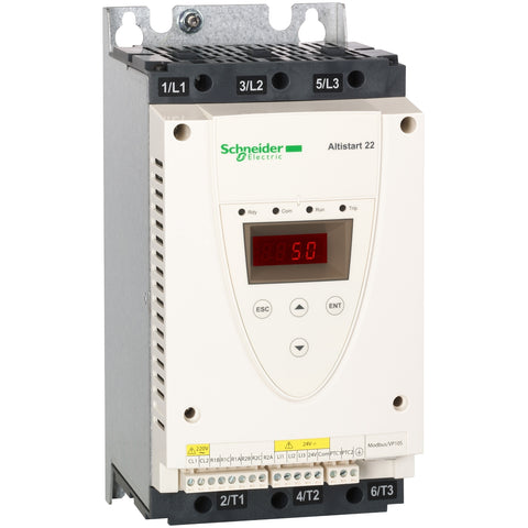 Arrancador Suave de Potencia Nominal 10HP(220VAC)/20HP(440VAC), Corriente Nominal 32A y Alimentación Trifásica 200-480V de Marca Schneider Electric de Linea Altistart 22 (ATS22D32S6) con Dimensiones 265x130x169mm.