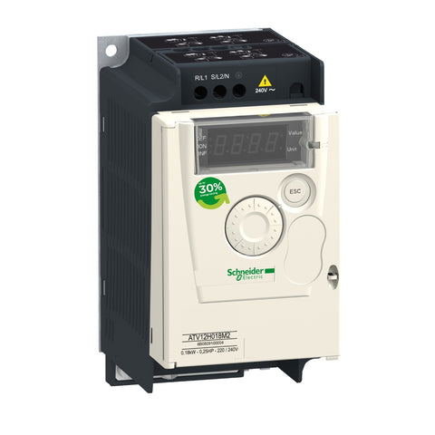 Variador de Velocidad de Potencia Nominal 0.5HP, Máxima Corriente Permanente 2.4A y Alimentación Trifásica 200-240V de Marca Schneider Electric de Linea Altivar 12 (ATV12HU22M2) con Dimensiones 143x72x122mm.