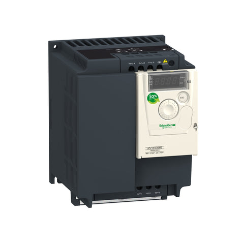 Variador de Velocidad de Potencia Nominal 5HP, Máxima Corriente Permanente 16.7A y Alimentación Trifásica 200-240V de Marca Schneider Electric de Linea Altivar 12 (ATV12HU40M3) con Dimensiones 184x140x142mm.