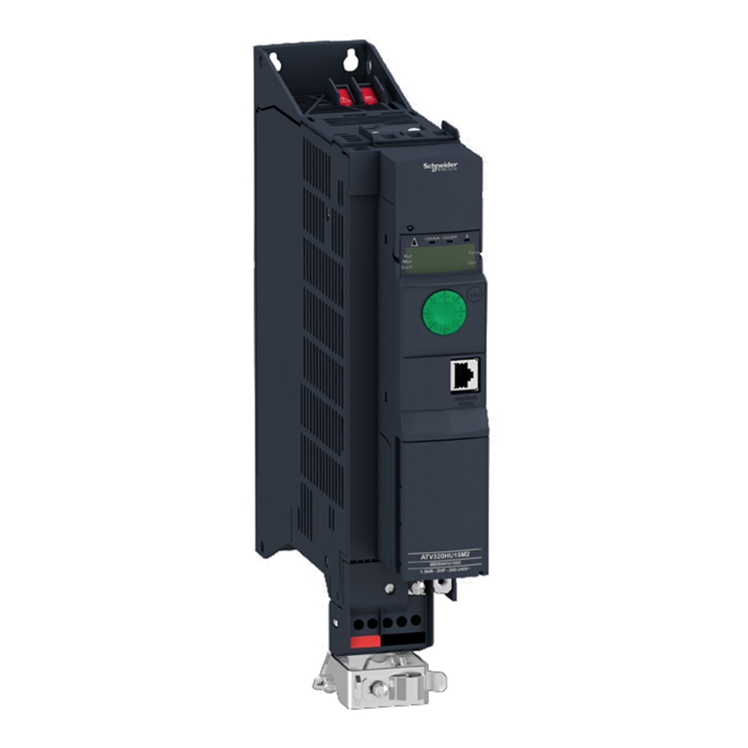 Variador de Velocidad de Potencia Nominal 2HP, Máxima Corriente Permanente 8A y Alimentación Monofásica 200-240VAC de Marca Schneider Electric de Linea Altivar 320 (ATV320U15M2B) con Dimensiones 325x60x245mm.