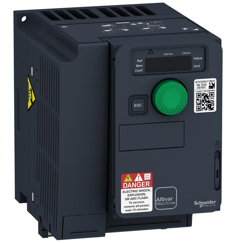 Variador de Velocidad de Potencia Nominal 3HP, Máxima Corriente Permanente 11A y Alimentación Trifásica 200-240VAC de Marca Schneider Electric de Linea Altivar 320 (ATV320U22M3C) con Dimensiones 143x105x138mm.
