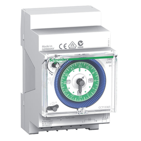 Programador Horario Analógico IH Diario 24 Horas 230V, 50-60Hz de Marca Schneider de Linea Acti 9 IH (CCT15365) con Intervalo minímo de conmutación 15min, Reserva de Marcha 200h y Salida 16A Para Carga Resistiva Pura a 220VAC.