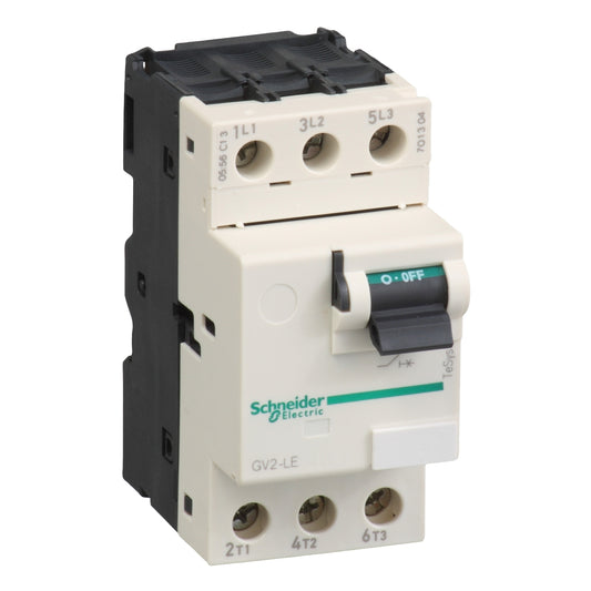 Guardamotor Magnético de Marca Schneider Electric de Línea TeSys GV2-LE (GV2LE08) Para Protección Contra Cortocircuitos Coordinación Tipo 1. Con Calibre 4A y Poder de Corte 100kA en 415V. Asociar con Relé Térmico de Rango 2.5-4A. Compra en FCM.