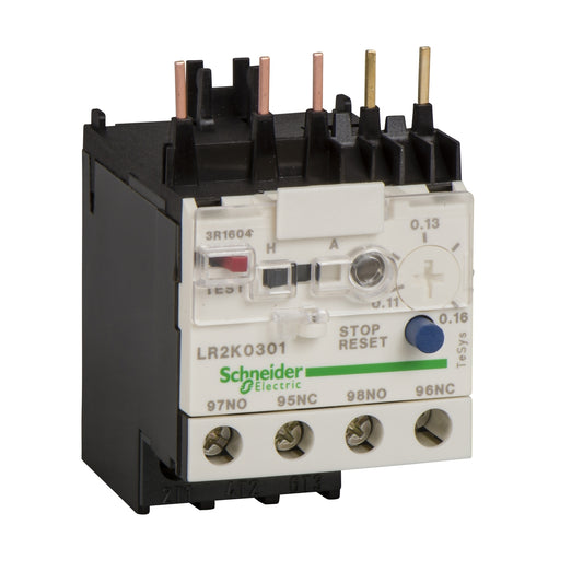 Relé Tripolar de Protección Térmica de Marca Schneider Electric de Línea TeSys K (LR2K0306) Con Regulación de Protección 0.8-1.2A, Rearme Manual o Automático y Señalización de Disparo. Compatible con Contactor LC1K06. Aptos para Coordinación Tipo 1. Disparo por Sobrecarga es de Clase 10. Compra en FCM.