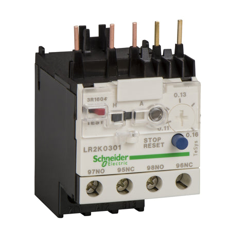 Relé Tripolar de Protección Térmica de Marca Schneider Electric de Línea TeSys K (LR2K0306) Con Regulación de Protección 0.8-1.2A, Rearme Manual o Automático y Señalización de Disparo. Compatible con Contactor LC1K06. Aptos para Coordinación Tipo 1. Disparo por Sobrecarga es de Clase 10. Compra en FCM.