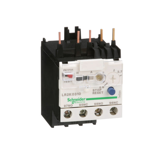 Relé Tripolar de Protección Térmica de Marca Schneider Electric de Línea TeSys K (LR2K0310) Con Regulación de Protección 2.6-3.7A, Rearme Manual o Automático y Señalización de Disparo. Compatible con Contactor LC1K06. Aptos para Coordinación Tipo 1. Disparo por Sobrecarga es de Clase 10. Compra en FCM.