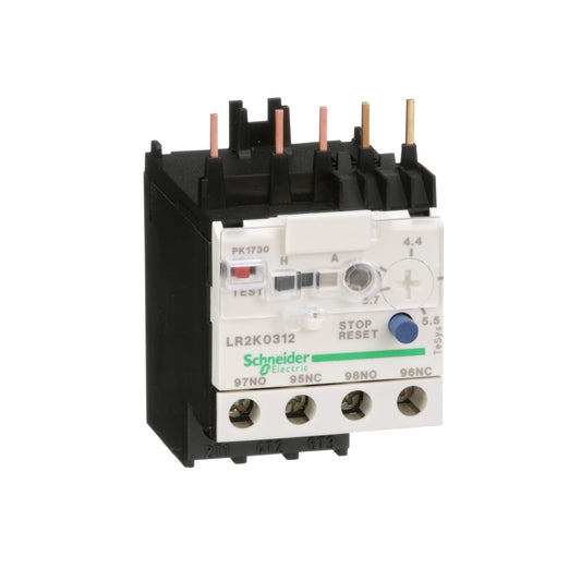 Relé Tripolar de Protección Térmica de Marca Schneider Electric de Línea TeSys K (LR2K0312) Con Regulación de Protección 3.7-5.5A, Rearme Manual o Automático y Señalización de Disparo. Compatible con Contactor LC1K06. Aptos para Coordinación Tipo 1. Disparo por Sobrecarga es de Clase 10. Compra en FCM.