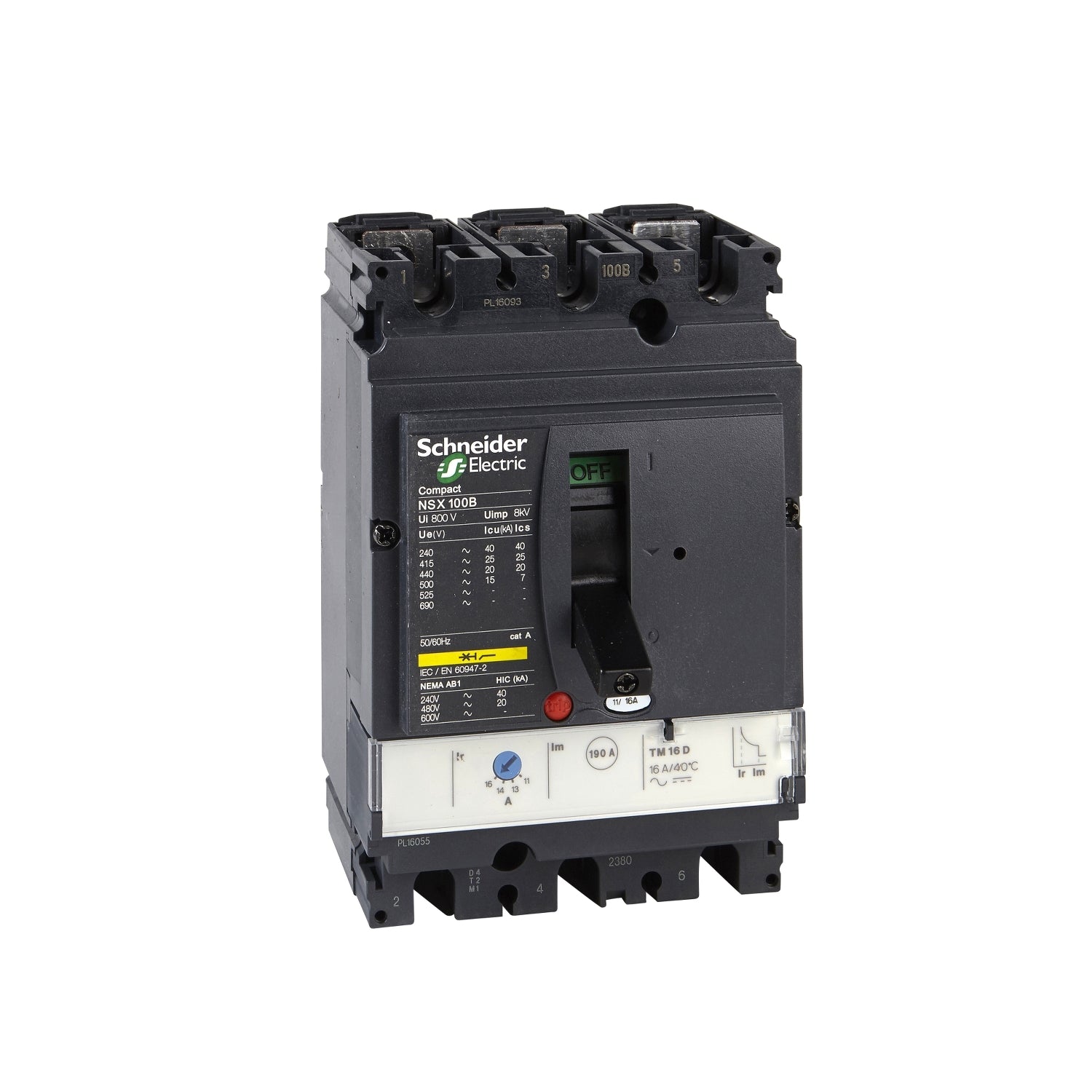 Interruptor Termomagnético Tripolar de Marca Schneider Electric de Serie Compact NSX de Tipo NSX100H o TM80D (LV429671) con Regulación de Disparo Térmica 56-80A, Intervalo de Ajuste de Detección a Corto Plazo 650A y Poder de Ruptura 65kA en 440V. Compra en FCM.