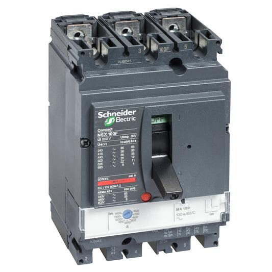Interruptor Magnético Tripolar de Marca Schneider Electric de Serie Compact NSX de Tipo NSX100H (LV429760) con Calibre 100A y Poder de Ruptura 70kA en 415V. Asociar con Relé Térmico de Rango 60-100A. Compra en FCM.