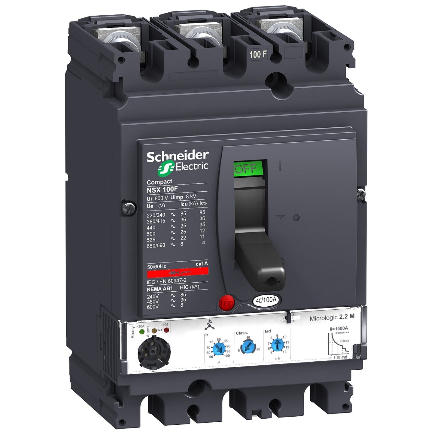 Interruptor Electrónico Tripolar de Marca Schneider Electric de Serie Compact NSX de Tipo NSX100F (LV429772) con Unidad de Disparo Micrologic 2.2 con Regulación de 16-40A, Intervalo de ajuste de detección a corto plazo 1.5 a 10 lr y Poder de Ruptura 35kA en 440V. Compra en FCM.