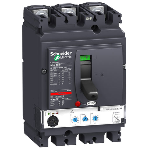Interruptor Electrónico Tripolar de Marca Schneider Electric de Serie Compact NSX de Tipo NSX100F (LV429772) con Unidad de Disparo Micrologic 2.2 con Regulación de 16-40A, Intervalo de ajuste de detección a corto plazo 1.5 a 10 lr y Poder de Ruptura 35kA en 440V. Compra en FCM.