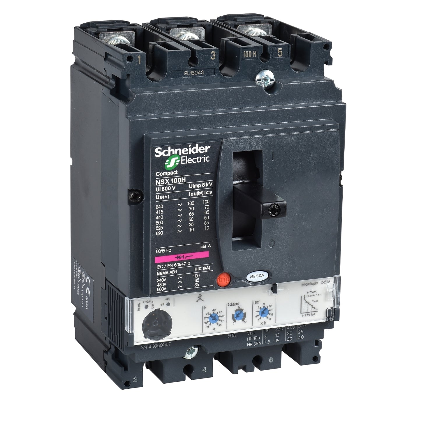 Guardamotor Electrónico Tripolar de Marca Schneider Electric de Serie Compact NSX de Tipo NSX100H o M2.2M 100A (LV429835) con Unidad de Disparo Micrologic 2.2M con Regulación de 50-100A y Poder de Ruptura 70kA en 414V. Compra en FCM.