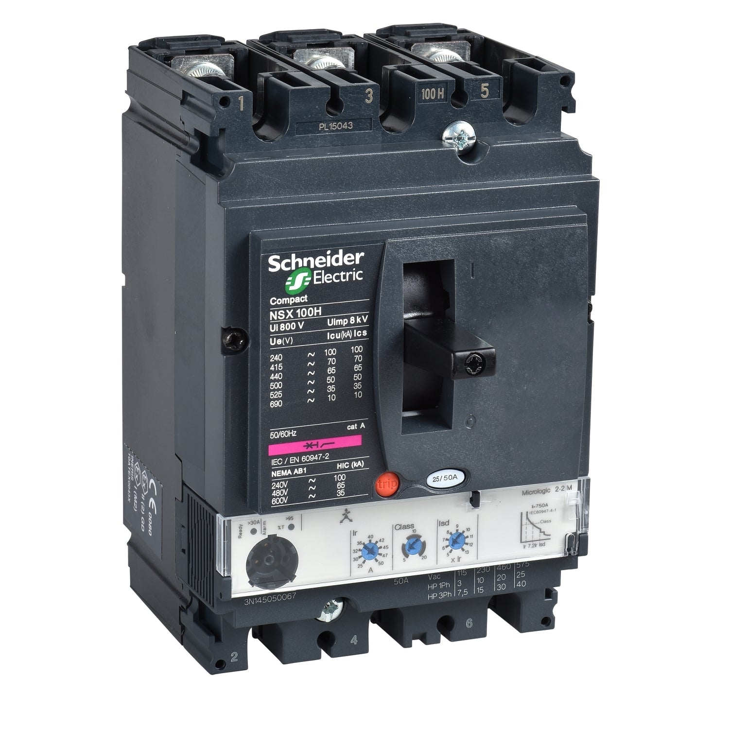Guardamotor Electrónico Tripolar de Marca Schneider Electric de Serie Compact NSX de Tipo NSX100H o M2.2M 100A (LV429835) con Unidad de Disparo Micrologic 2.2M con Regulación de 50-100A y Poder de Ruptura 70kA en 414V. Compra en FCM.