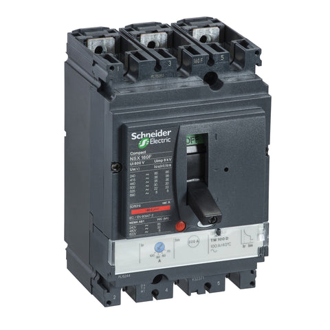 Interruptor Termomagnético Tripolar de Marca Schneider Electric de Serie Compact NSX de Tipo NSX160H o TM125D (LV430671) con Regulación de Disparo Térmica 87.5-125A, Intervalo de Ajuste de Detección a Corto Plazo 1000A y Poder de Ruptura 65kA en 440V. Compra en FCM.