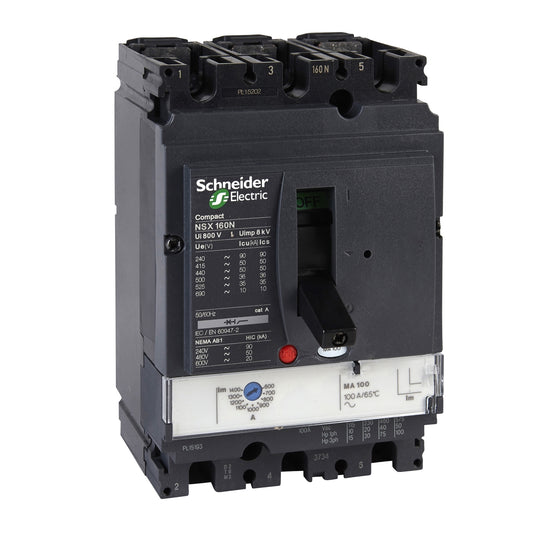 Interruptor Magnético Tripolar de Marca Schneider Electric de Serie Compact NSX de Tipo NSX100H (LV430834) con Calibre 150A y Poder de Ruptura 70kA en 415V. Asociar con Relé Térmico de Rango 90-150A. Compra en FCM.