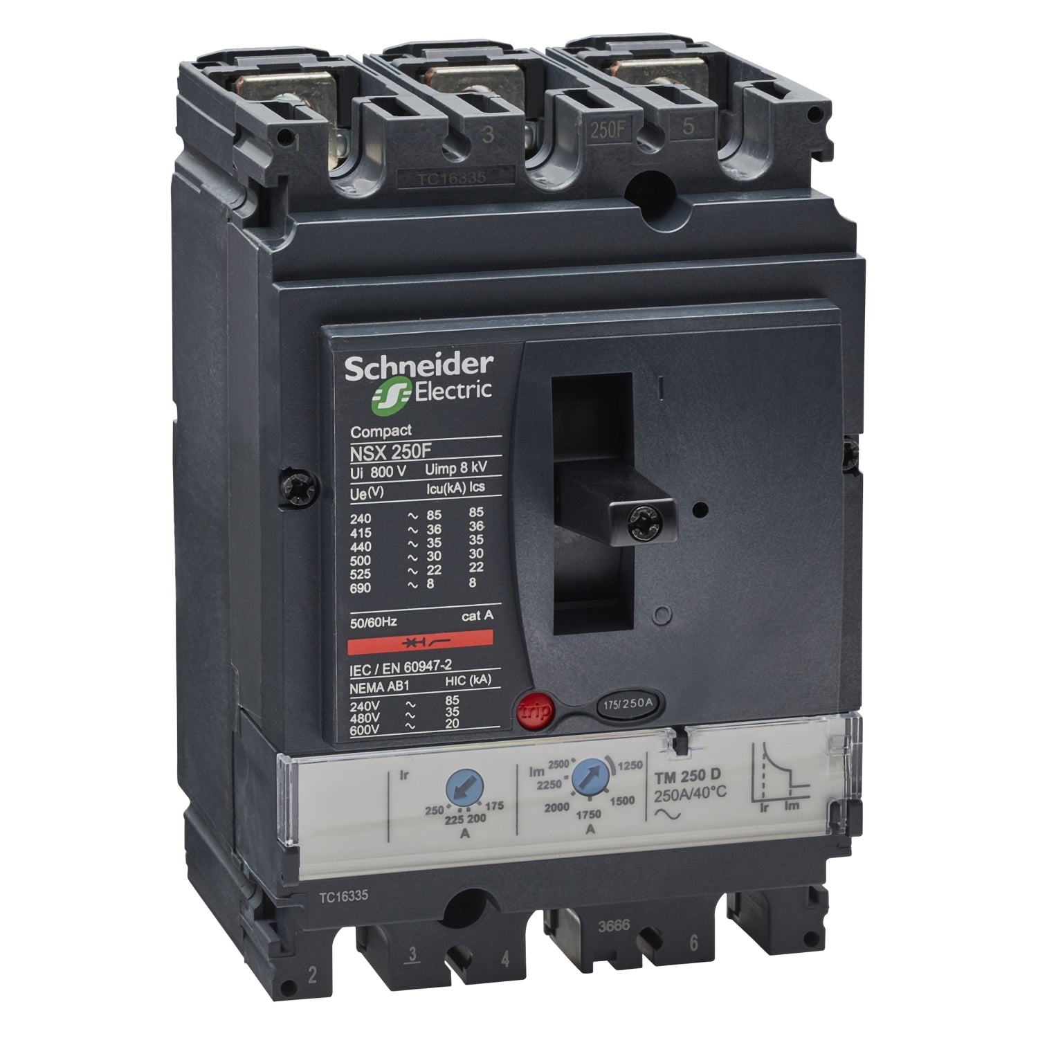 Interruptor Termomagnético Tripolar de Marca Schneider Electric de Serie Compact NSX de Tipo NSX250F o TM250D (LV431630) con Regulación de Disparo Térmica 175-250A, Intervalo de Ajuste de Detección a Corto Plazo 1250-2500A y Poder de Ruptura 35kA en 440V. Compra en FCM