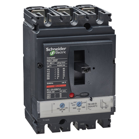 Interruptor Termomagnético Tripolar de Marca Schneider Electric de Serie Compact NSX de Tipo NSX250F o TM250D (LV431630) con Regulación de Disparo Térmica 175-250A, Intervalo de Ajuste de Detección a Corto Plazo 1250-2500A y Poder de Ruptura 35kA en 440V. Compra en FCM
