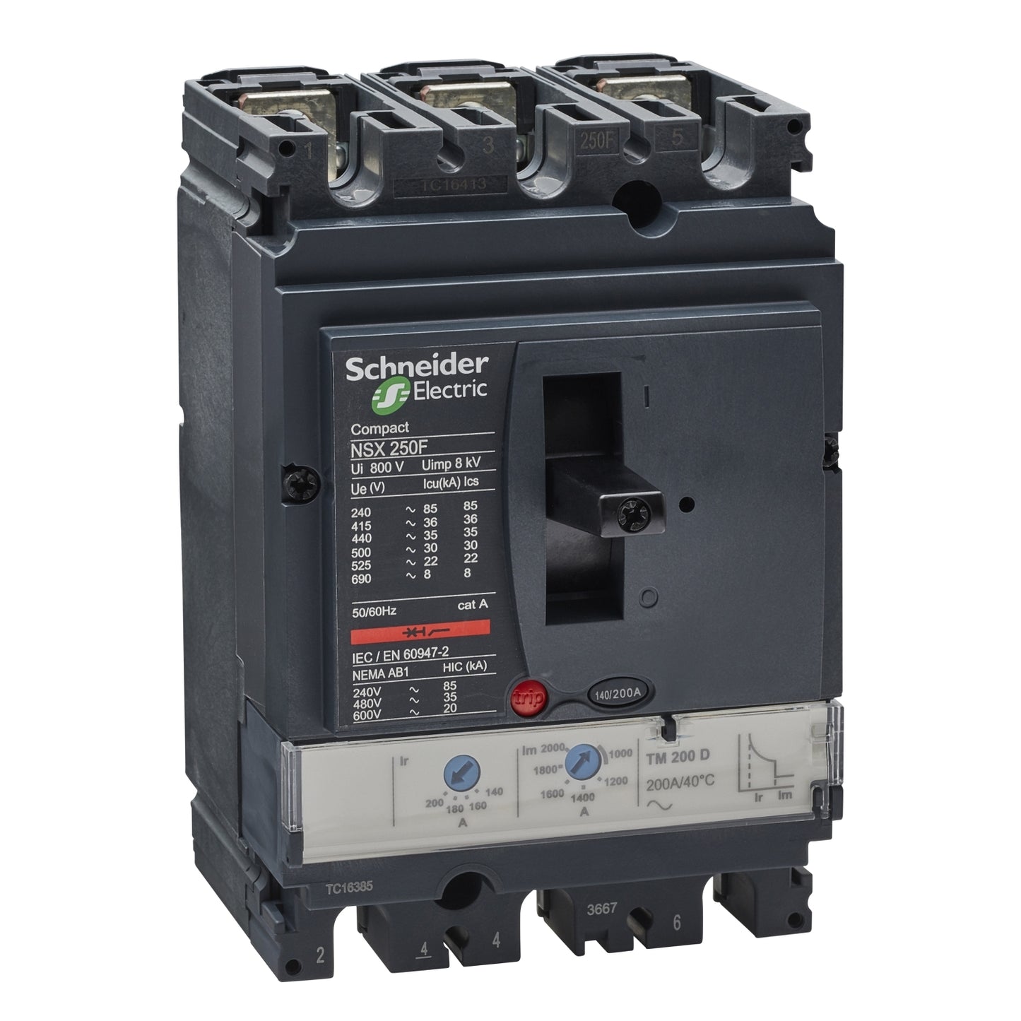 Interruptor Termomagnético Tripolar de Marca Schneider Electric de Serie Compact NSX de Tipo NSX250F o TM200D (LV431631) con Regulación de Disparo Térmica 140-200A, Intervalo de Ajuste de Detección a Corto Plazo 1000-2000A y Poder de Ruptura 35kA en 440V. Compra en FCM.
