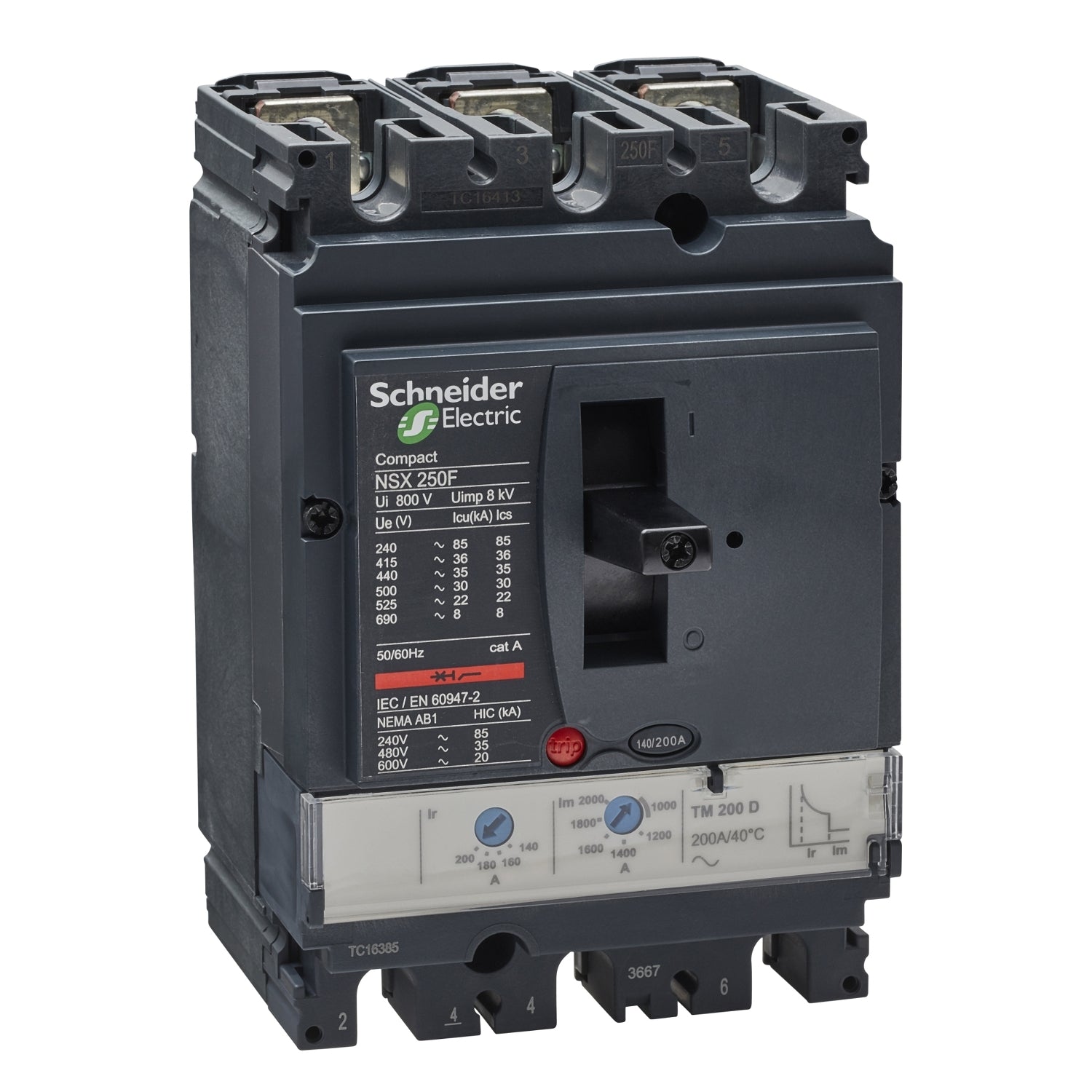 Interruptor Termomagnético Tripolar de Marca Schneider Electric de Serie Compact NSX de Tipo NSX250F o TM200D (LV431631) con Regulación de Disparo Térmica 140-200A, Intervalo de Ajuste de Detección a Corto Plazo 1000-2000A y Poder de Ruptura 35kA en 440V. Compra en FCM.