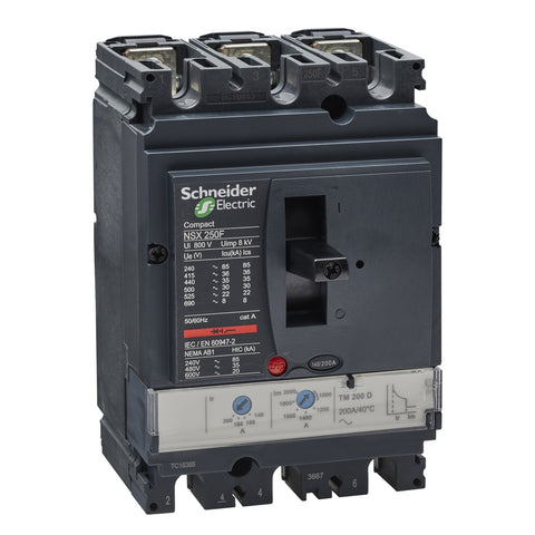 Interruptor Termomagnético Tripolar de Marca Schneider Electric de Serie Compact NSX de Tipo NSX250F o TM200D (LV431631) con Regulación de Disparo Térmica 140-200A, Intervalo de Ajuste de Detección a Corto Plazo 1000-2000A y Poder de Ruptura 35kA en 440V. Compra en FCM.