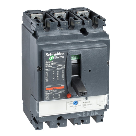 Interruptor Magnético Tripolar de Marca Schneider Electric de Serie Compact NSX de Tipo NSX250H (LV431756) con Calibre 220A y Poder de Ruptura 70kA en 415V. Asociar con Relé Térmico de Rango 132-220A. Compra en FCM.