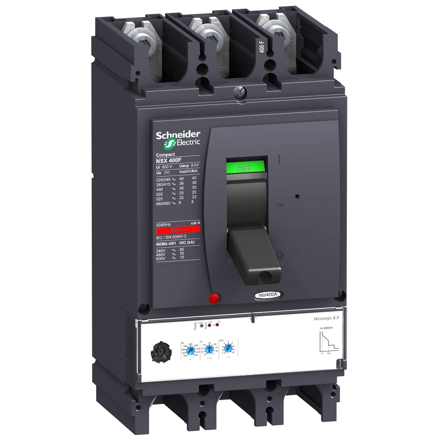 Interruptor Electrónico Tripolar de Marca Schneider Electric de Serie Compact NSX de Tipo NSX400H (LV432695) con Unidad de Disparo Micrologic 2.3 con Regulación de 160-400A, Intervalo de ajuste de detección a corto plazo 1.5 a 10 lr y Poder de Ruptura 65kA en 440V. Compra en FCM.