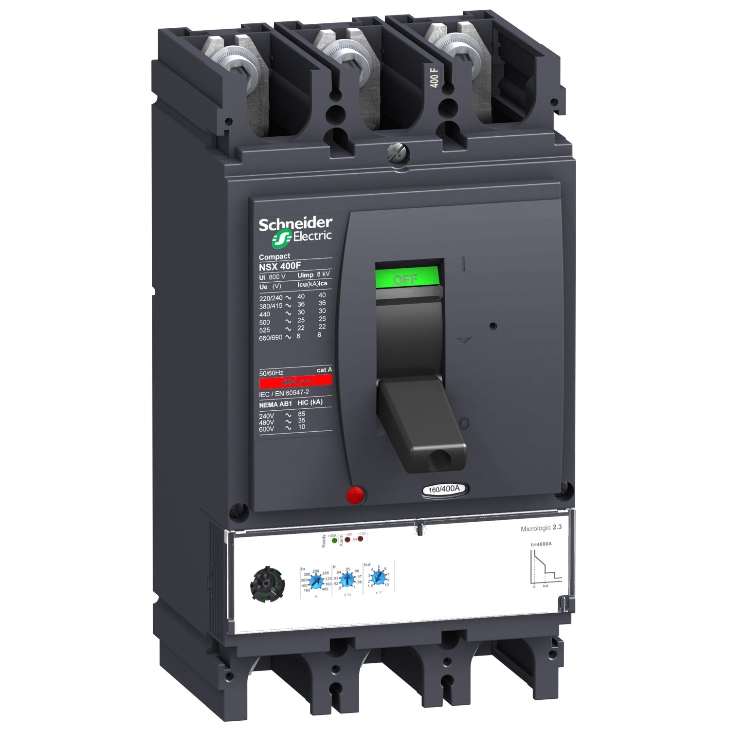 Interruptor Electrónico Tripolar de Marca Schneider Electric de Serie Compact NSX de Tipo NSX400H (LV432695) con Unidad de Disparo Micrologic 2.3 con Regulación de 160-400A, Intervalo de ajuste de detección a corto plazo 1.5 a 10 lr y Poder de Ruptura 65kA en 440V. Compra en FCM.