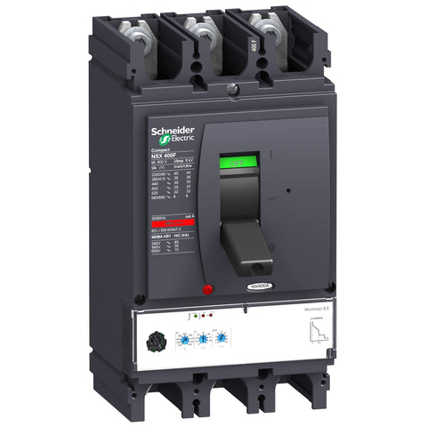 Interruptor Electrónico Tripolar de Marca Schneider Electric de Serie Compact NSX de Tipo NSX400H (LV432695) con Unidad de Disparo Micrologic 2.3 con Regulación de 160-400A, Intervalo de ajuste de detección a corto plazo 1.5 a 10 lr y Poder de Ruptura 65kA en 440V. Compra en FCM.